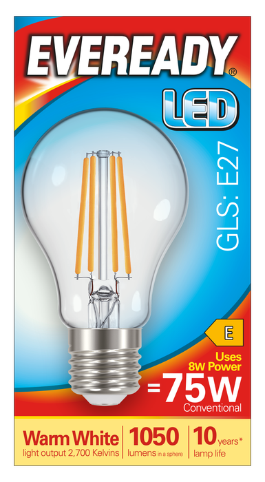 Eveready S15488 E27 ES GLS Filament Clear LED Bulb 8W 1050lm Warm White 2700K (5 Pack) - westbasedirect.com