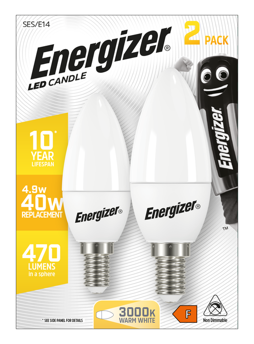 Energizer S16706 4.9W 470lm E14 SES Candle LED Bulb Opal Warm White 3000K Boxed (2 Pack) - westbasedirect.com