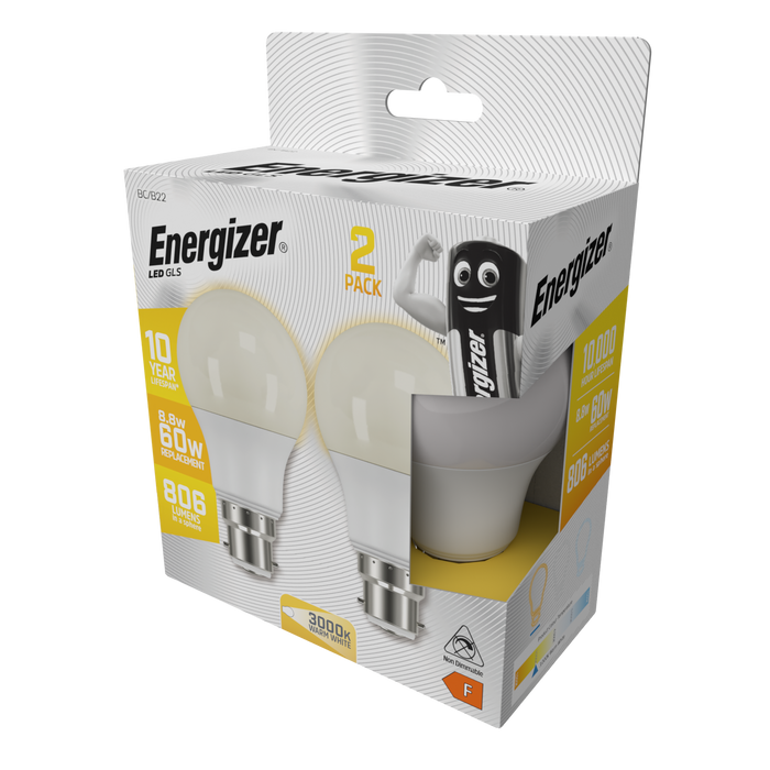 Energizer S16709 8.8W 806lm B22 BC GLS LED Bulb Opal Warm White 3000K Boxed (2 Pack) - westbasedirect.com