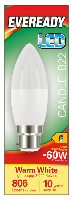 Eveready S17375 B22 BC Candle LED Bulb Opal 7.3W 806lm Warm White 3000K (5 Pack) - westbasedirect.com