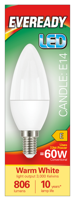 Eveready S17377 E14 SES Candle LED Bulb Opal 7.3W 806lm Warm White 3000K - westbasedirect.com