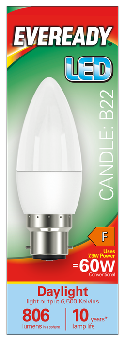 Eveready S17378 B22 BC Candle LED Bulb Opal 7.3W 806lm Daylight 6500K - westbasedirect.com
