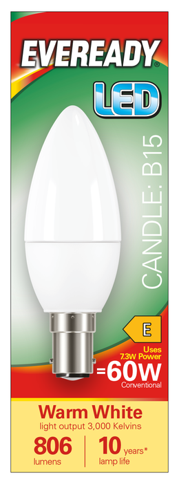Eveready S17381 B15 SBS Candle LED Bulb Opal 7.3W 806lm Warm White 3000K - westbasedirect.com