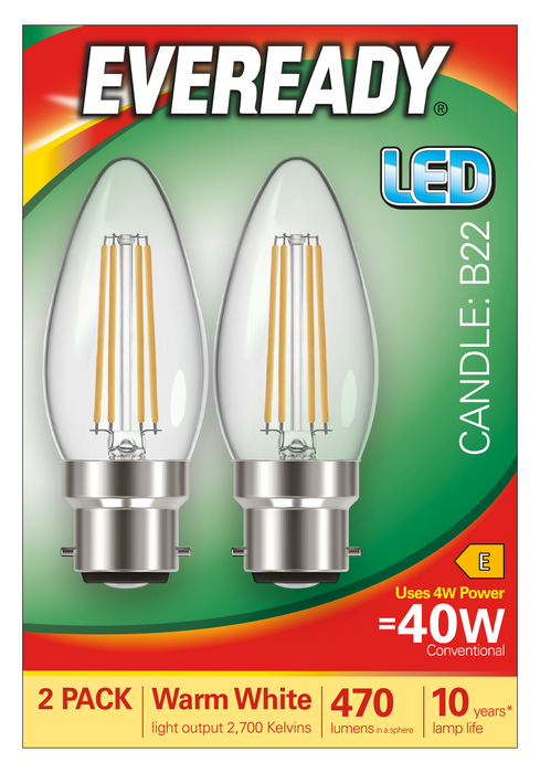 Eveready S17394 B22 BC Candle Filament Clear LED Bulb 4W 470lm Warm White 2700K (2 Pack) - westbasedirect.com