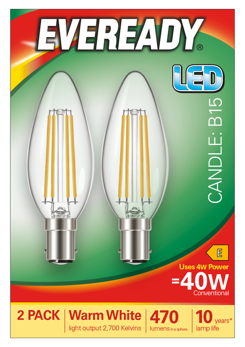 Eveready S17395 B15 SBS Candle Filament Clear LED Bulb 4W 470lm Warm White 2700K (2 Pack) - westbasedirect.com
