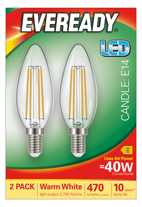 Eveready S17397 E14 SES Candle Filament Clear LED Bulb 4W 470lm Warm White 2700K (2 Pack) - westbasedirect.com