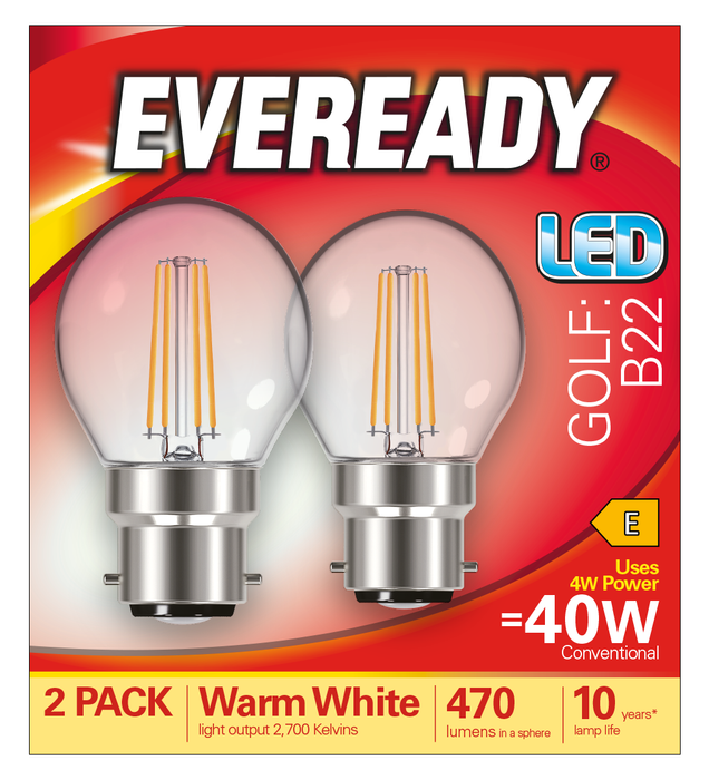 Eveready S17398 B22 BC Golf Filament Clear LED Bulb 4W 470lm Warm White 2700K (2 Pack) - westbasedirect.com