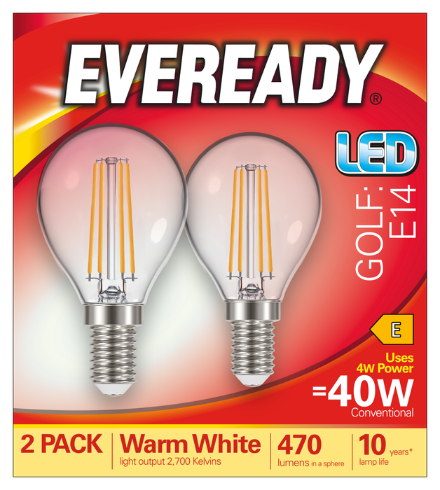 Eveready S17400 E14 SES Golf Filament Clear LED Bulb 4W 470lm Warm White 2700K (2 Pack) - westbasedirect.com