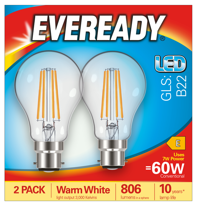 Eveready S17401 B22 BC GLS Filament Clear LED Bulb 7W 806lm Warm White 2700K (2 Pack) - westbasedirect.com