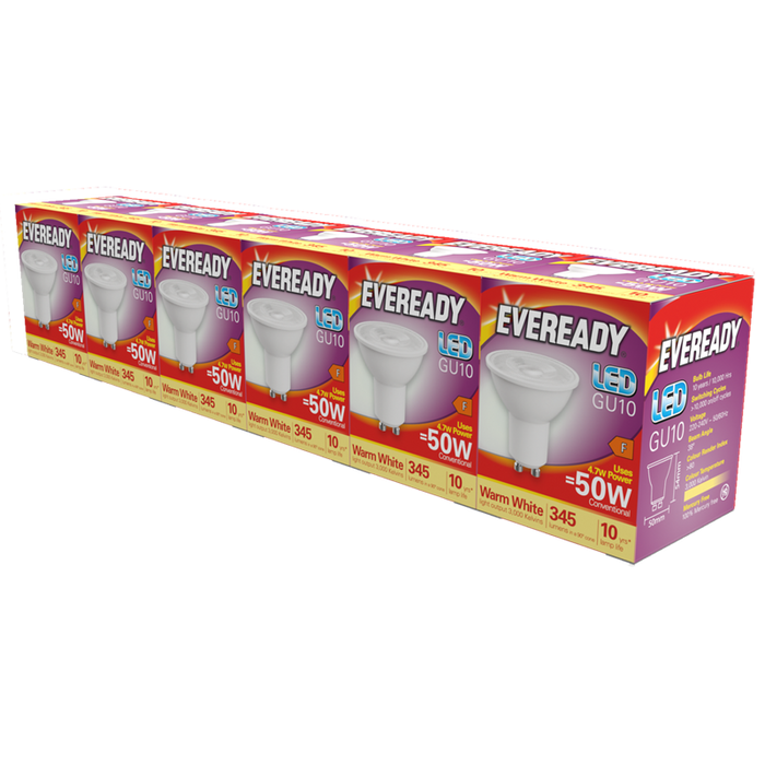 Eveready S29495 GU10 Spotlight LED Bulb Opal 4.7W 345lm Warm White 3000K (5+1 Pack)