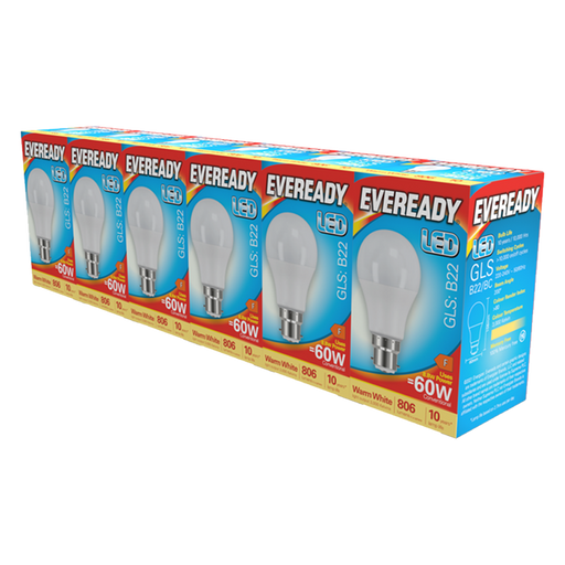 Eveready S29497 B22 BC GLS LED Bulb Opal 8.8W 806lm Warm White 3000K (5+1 Pack) - westbasedirect.com