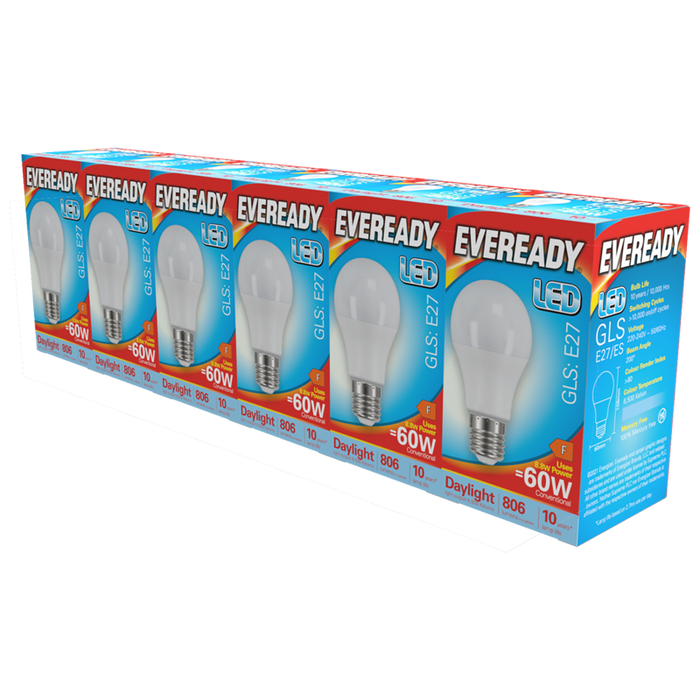 Eveready S29500 E27 ES GLS LED Bulb Opal 8.8W 806lm Daylight 6500K (5+1 Pack) - westbasedirect.com
