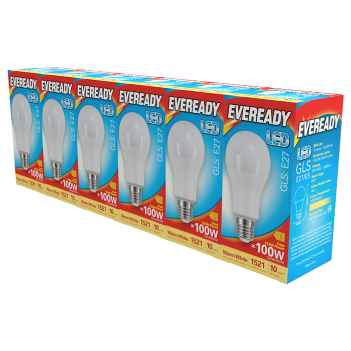 Eveready S29503 E27 ES GLS LED Bulb Opal 13.8W 1521lm Warm White 3000K (5+1 Pack) - westbasedirect.com