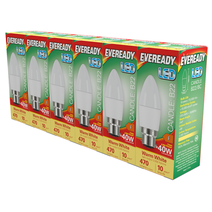 Eveready S29505 B22 BC Candle LED Bulb Opal 4.9W 470lm Warm White 3000K (5+1 Pack)