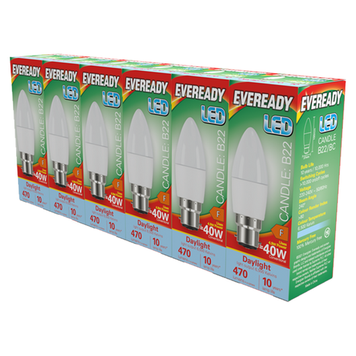 Eveready S29506 B22 BC Candle LED Bulb Opal 4.9W 470lm Daylight 6500K (5+1 Pack) - westbasedirect.com