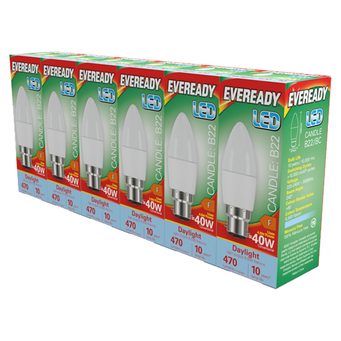Eveready S29506 B22 BC Candle LED Bulb Opal 4.9W 470lm Daylight 6500K (5+1 Pack)