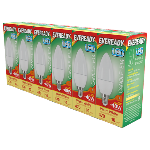 Eveready S29507 E14 SES Candle LED Bulb Opal 4.9W 470lm Warm White 3000K (5+1 Pack) - westbasedirect.com