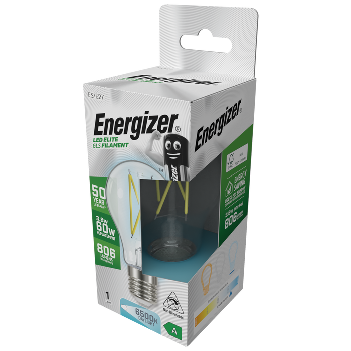 Energizer S29629 A Rated LED Elite GLS E27 Filament 806lm 3.8W 6500K (Daylight)(12 Pack) - westbasedirect.com