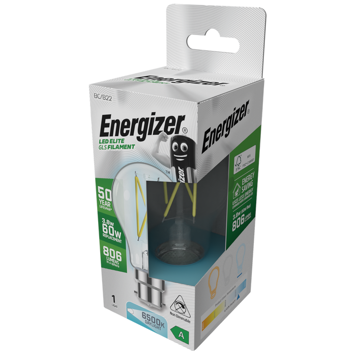 Energizer S29631 A Rated LED Elite GLS B22 Filament 806lm 3.8W 6500K (Daylight)(12 Pack) - westbasedirect.com
