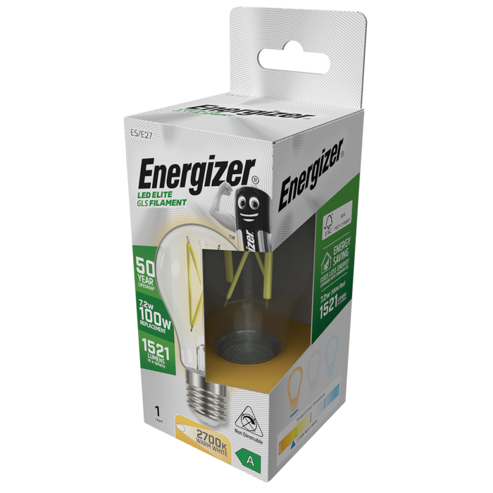 Energizer S29632 A Rated LED Elite GLS E27 Filament 1521lm 7.2W 2700K (Warm White) - westbasedirect.com