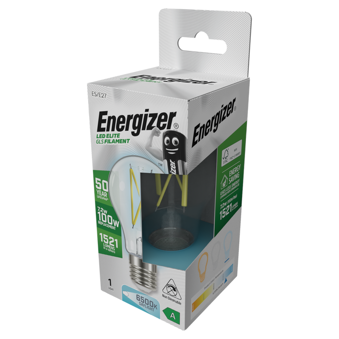 Energizer S29633 A Rated LED Elite GLS E27 Filament 1521lm 7.2W 6500K (Daylight)(12 Pack) - westbasedirect.com