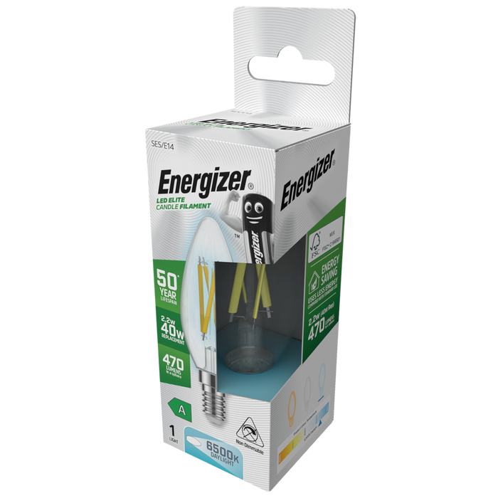 Energizer S29641 A Rated LED Elite Candle E14 Filament 470lm 2.2W 6500K (Daylight)(12 Pack) - westbasedirect.com