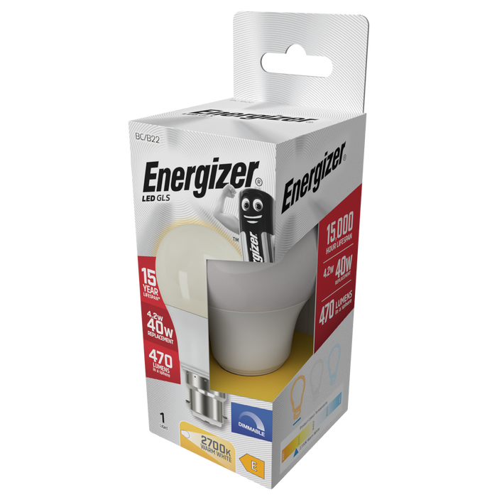 Energizer S29775 4.2W 470lm B22 BC GLS LED Bulb Opal Warm White 2700K Dimmable - westbasedirect.com