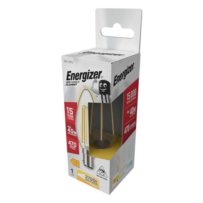 Energizer S29785 4W 470lm B15 SBS Candle Filament LED Bulb Warm White 2700K - westbasedirect.com
