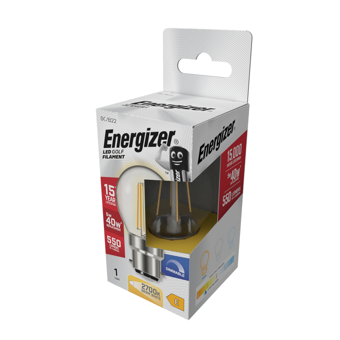 Energizer S29787 5W 470lm B22 BC Golf Filament LED Bulb Warm White 2700K Dimmable - westbasedirect.com