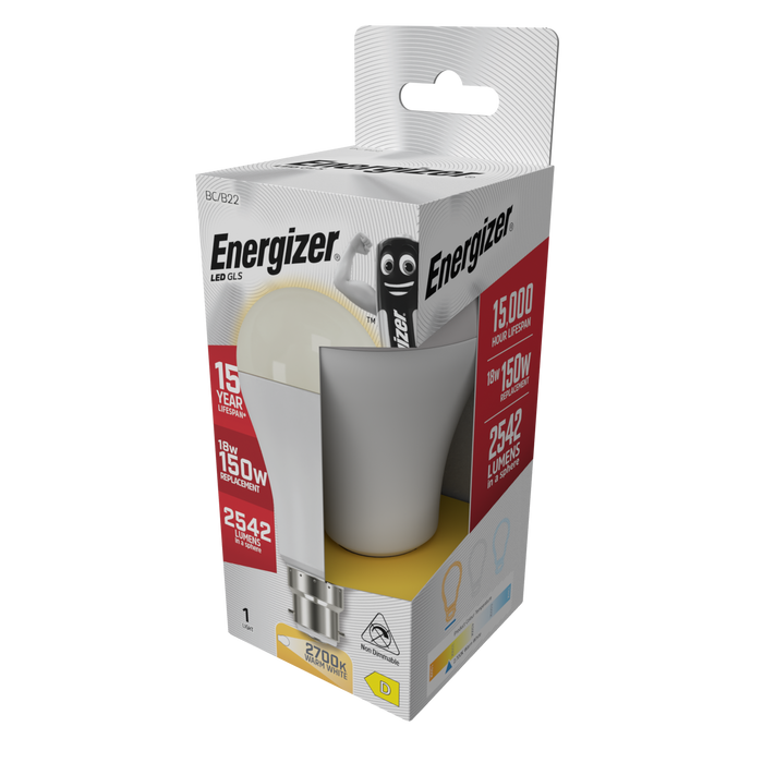 Energizer S29831 18W 2452lm B22 BC GLS LED Bulb Opal Warm White 2700K - westbasedirect.com