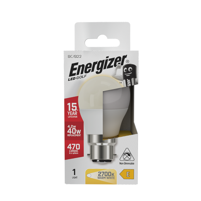 Energizer S8838 4.9W 470lm B22 BC Golf LED Bulb Opal Warm White 2700K - westbasedirect.com