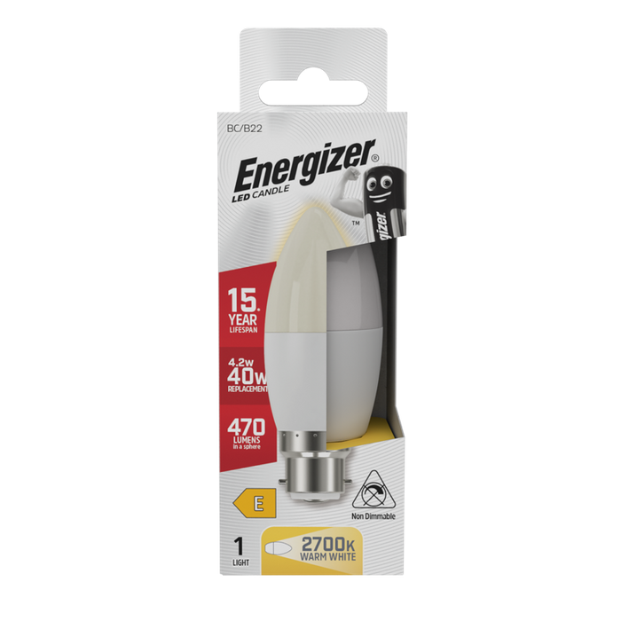 Energizer S8850 4.9W 470lm B22 BC Candle LED Bulb Opal Warm White 2700K - westbasedirect.com
