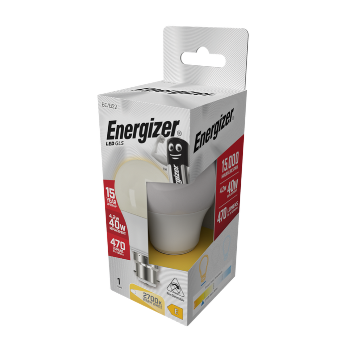 Energizer S8857 4.9W 470lm B22 BC GLS LED Bulb Opal Warm White 2700K - westbasedirect.com