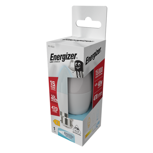 Energizer S9416 4.9W 470lm B22 BC Candle LED Bulb Opal Daylight 6500K - westbasedirect.com