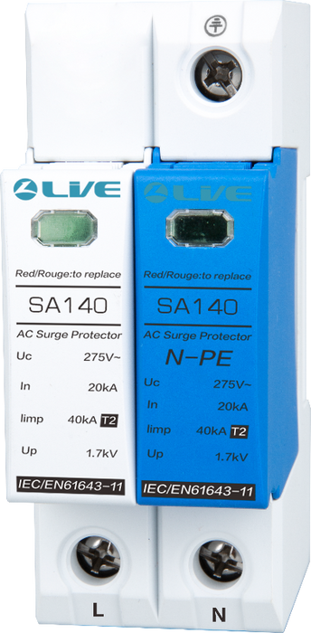 LIVE Electrical SA140 1P+N 2 Pole 20kA/40kA Type 2 Surge Protective Device (SPD) - westbasedirect.com