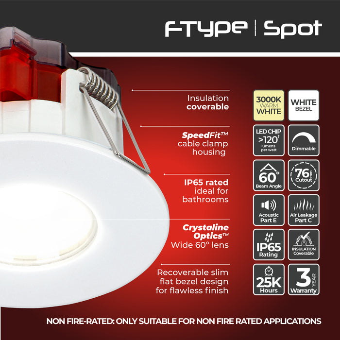 Luceco SFTF5W30/10 FType Spot Decorative LED Downlight 5W 515Lm 3000K Dimmable IP65 White Bezel - Flat (10 Pack) - westbasedirect.com