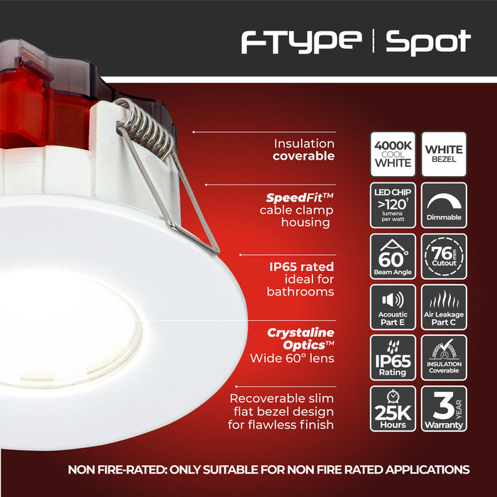 Luceco SFTF5W40 FType Spot Decorative LED Downlight 5W 550Lm 4000K Dimmable IP65 White Bezel - Flat - westbasedirect.com