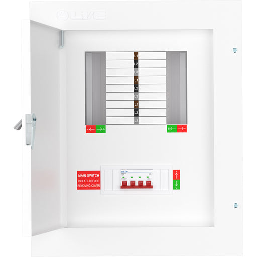 LIVE Electrical TPN06-125 6 Way TP&N Distribution Board with 4 Pole 125A Main Switch Incomer - westbasedirect.com