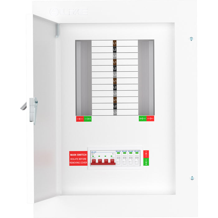 LIVE Electrical TPN08-125S TPN08-125S 8 Way TP&N Distribution Board with 4 Pole 125A Main Switch Incomer & 20/40kA DP SPD - westbasedirect.com