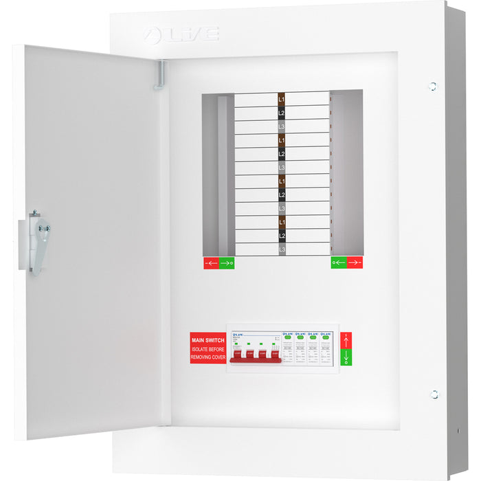 LIVE Electrical TPN08-125S TPN08-125S 8 Way TP&N Distribution Board with 4 Pole 125A Main Switch Incomer & 20/40kA DP SPD - westbasedirect.com