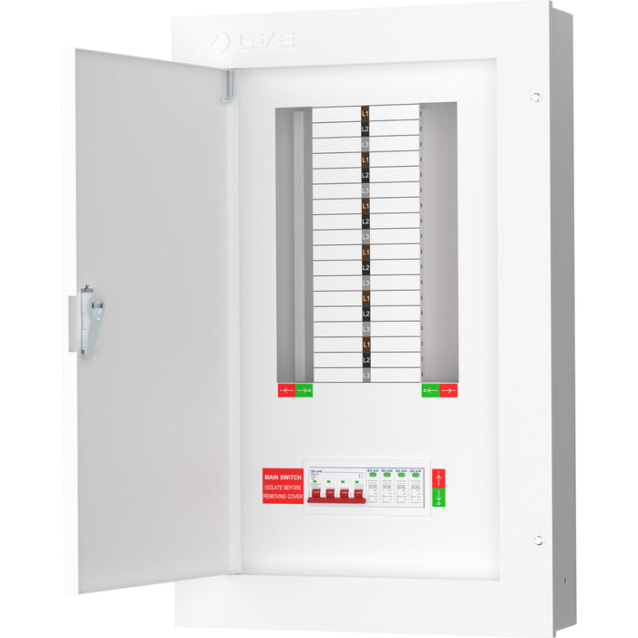 LIVE Electrical TPN12-125S TPN12-125S 12 Way TP&N Distribution Board with 4 Pole 125A Main Switch Incomer & 20/40kA DP SPD - westbasedirect.com