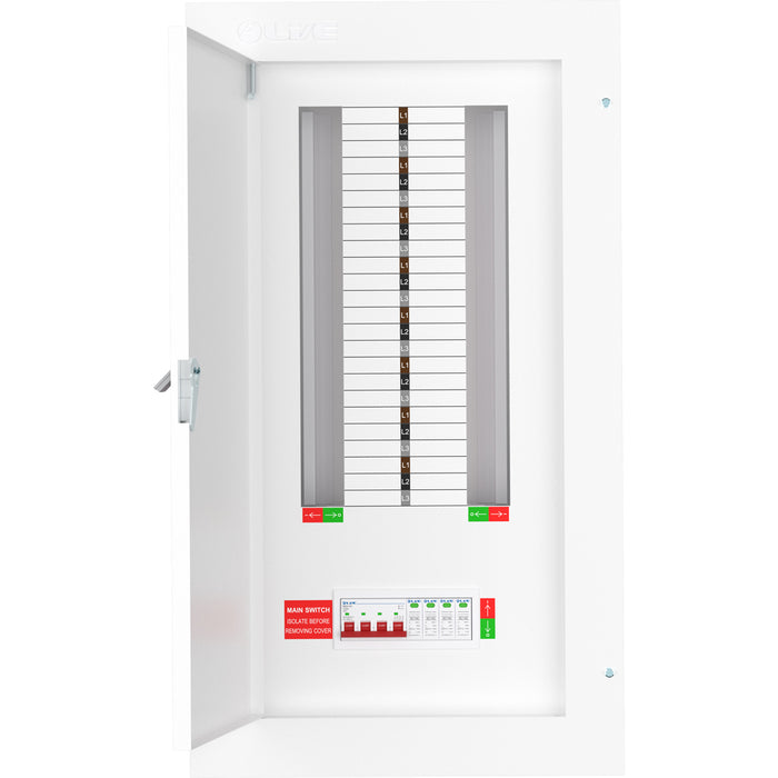 LIVE Electrical TPN16-125S TPN16-125S 16 Way TP&N Distribution Board with 4 Pole 125A Main Switch Incomer & 20/40kA DP SPD - westbasedirect.com