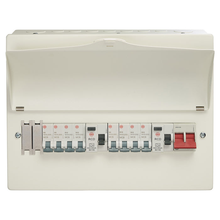 Wylex WNM1769 10 Way High Integrity Consumer Unit + 100A Main Switch, 2x80A 30mA Type A RCD & 8 MCBs - westbasedirect.com