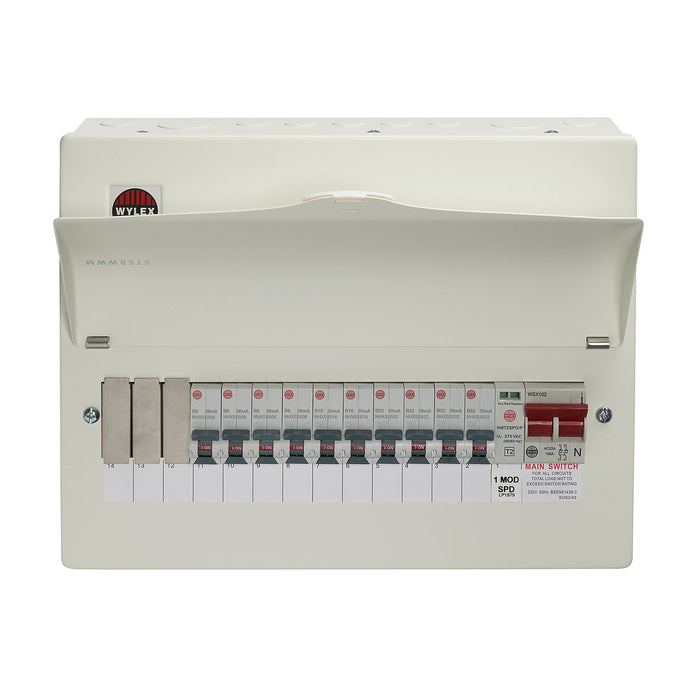 Wylex WNM2636L 13 Way Consumer Unit + 100A Main Switch with SPD & 10x Type A 30mA RCBOs - westbasedirect.com