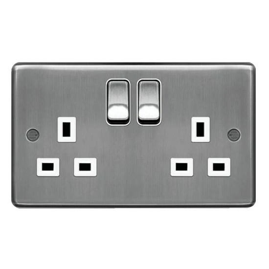 Hager WRSS82BSW Sollysta Raised Plate 13A 2 Gang Double Pole Switch Socket - Brushed Steel + White Insert - westbasedirect.com