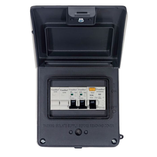 FuseBox A65GRAGY IP65 Garage Unit 63A 30mA RCD 6A/16A MCBs Grey - westbasedirect.com