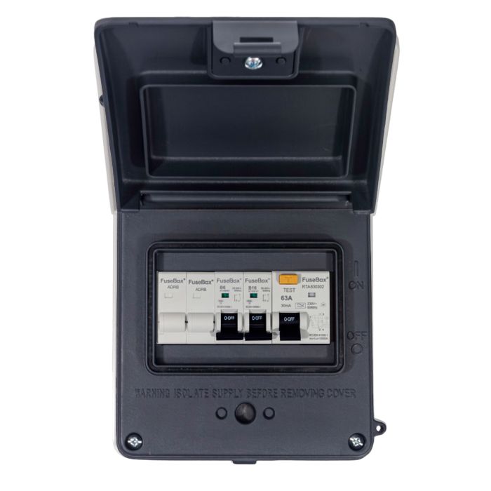 FuseBox A65GRAGY IP65 Garage Unit 63A 30mA RCD 6A/16A MCBs Grey - westbasedirect.com