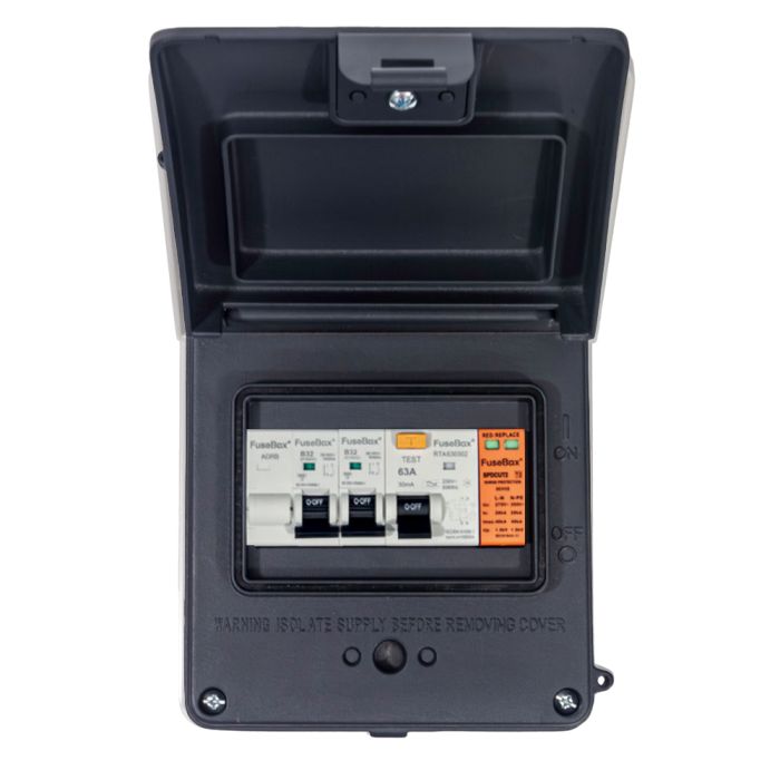 FuseBox A65GRAXGY IP65 Garage Unit 63A 30mA RCD 6A/16A MCBs T2 SPD Grey - westbasedirect.com