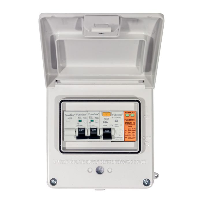 FuseBox A65GRAXWH IP65 Garage Unit 63A 30mA RCD 6A/16A MCBs T2 SPD White - westbasedirect.com