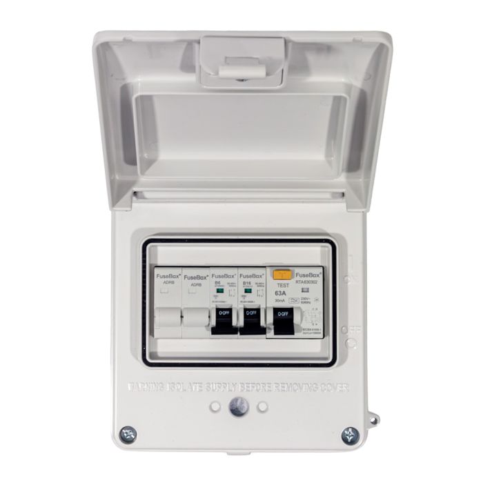 FuseBox A65GRAWH IP65 Garage Unit 63A 30mA RCD 6A/16A MCBs White - westbasedirect.com